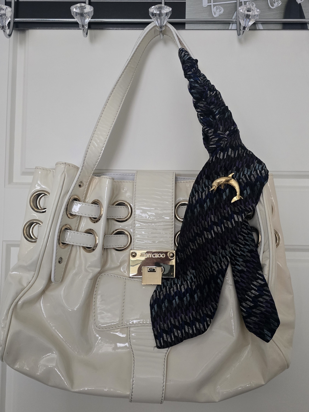 Vintage Jimmy Choo Ramona Off White Patent Leather Tote